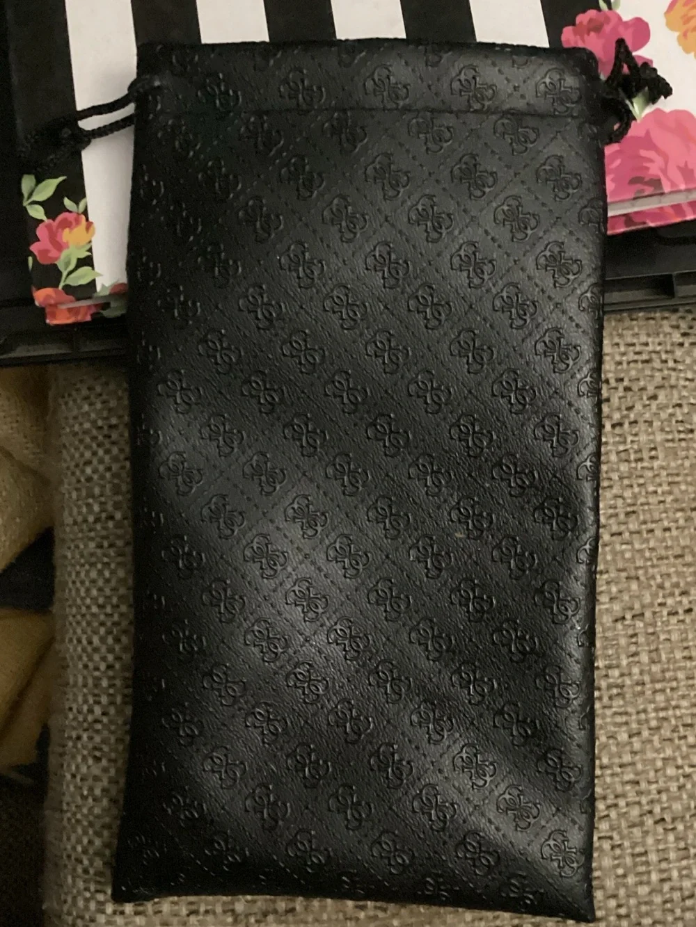 GUESS Black Embossed Drawstring Phone Pouch